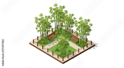 Isometric view of a tranquil park garden with bamboo trees and benches