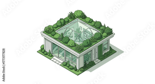 Isometric view of contemporary green roof house with skylight and plants