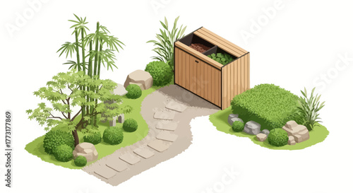 Isometric view of serene garden with compost bin and stone pathway