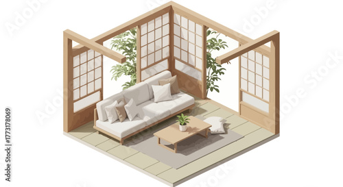 Isometric Zen Room Interior Illustration with Neutral Color Palette