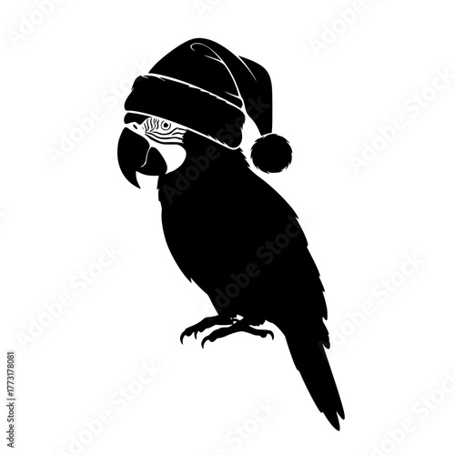 A silhouette of a parrot wearing a holiday hat, set against a pristine backdrop, creating a simple, yet stylish design.