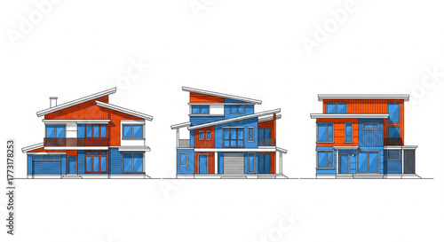 Projeto de casas com arquitetura moderna sobre fundo  transparente.