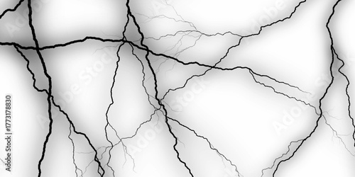 Black and white dust and cracked concrete wall Texture pattern design element white background. Surface cracks and fissures in ground, concrete, crevices from disaster top view