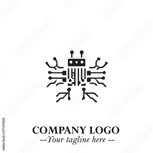 Circuit Robot Logo Symbol in Black on the White Background with Futuristic Tech Design
