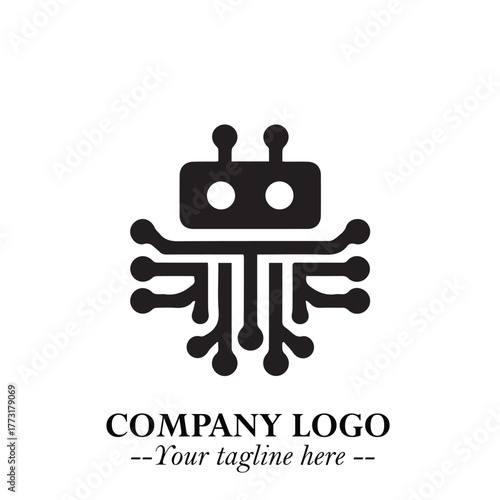 Circuit Robot Logo Symbol in Black on the White Background with Futuristic Tech Design
