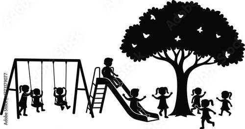 Children playing in park, kids on swings, sliding down slide, outdoor fun, happy childhood, tree, butterflies, playground activity, summer joy