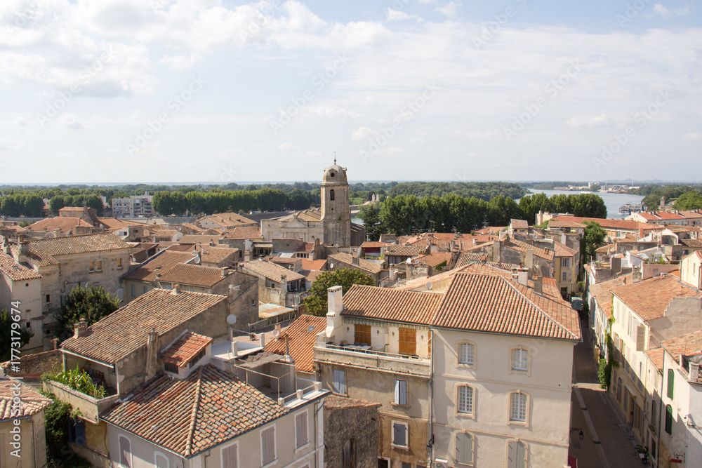 Fototapeta premium View of Saint-Julien Church in Arles and the city of Arles from the amphitheater in Arles, Provence-Alpes-Côte d'Azur, France