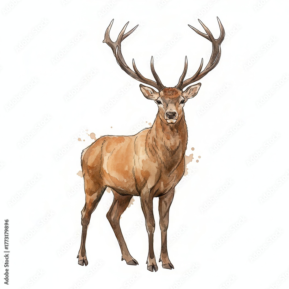 Fototapeta premium Majestic red deer stag with impressive antlers rendered in watercolor art