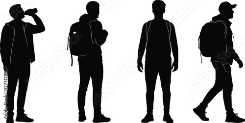 Silhouette, casual, backpack, walking, standing, drinking, posture, motion, lifestyle, urban, youth, travel, outdoor, activity, shadow, person, gesture, behavior, street, minimal