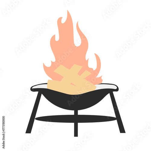 焚火台の上で薪が赤く燃える様子をシンプルに描いたベクターイラスト｜キャンプやアウトドアで過ごす暖かく穏やかな時間を表現したデザイン