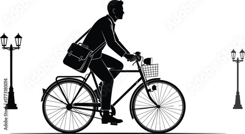 Urban commute silhouette, formal man cycling, eco-friendly transport, city lifestyle, street lamps, business attire, morning ride, bicycle basket, blue tone