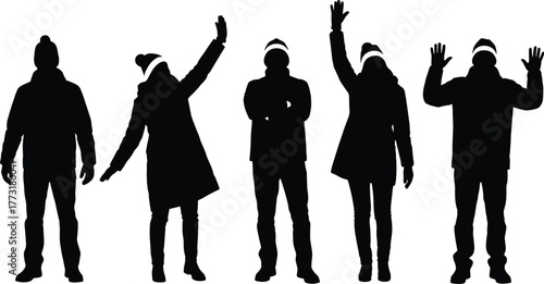 Winter silhouettes, people in coats, beanie fashion, cold weather poses, urban style, gesture variety, body language, standing figures, outdoor clothing, seasonal outfit, human posture