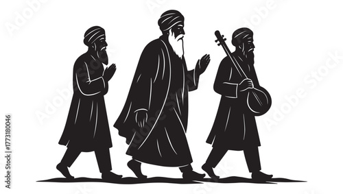 Guru Nanak Dev Ji Vector Silhouette – Sikh Guru Walking with Disciples, Black and White Spiritual Art