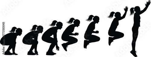 Vertical jump silhouette, athletic motion, sports biomechanics, human movement, fitness training, dynamic posture, leap sequence, exercise form, ponytail motion, energy burst