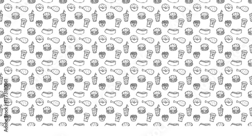 black and white junk food, fast food, food seamless pattern background 4