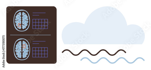 Brain scan images paired with a cloud and wave patterns represent neural activity, thought processes, or data transfer. Ideal for neuroscience, diagnostics, AI, analytics, cloud computing, research
