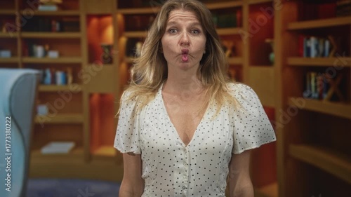 Woman puckers lips and makes a fish face gesture in a building library among bookshelves and armchair; playful curiosity.