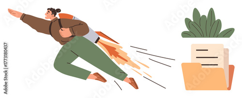 Person wearing a jetpack flying towards a folder, symbolizing speed, productivity, ambition, and goal attainment. Ideal for creativity, innovation, teamwork, progress leadership motivation