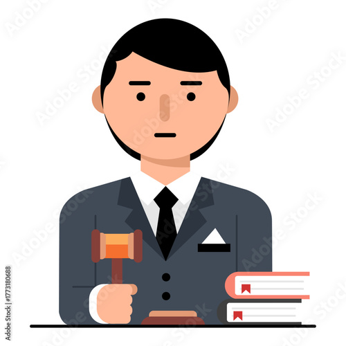 Cartoon man in gray suit holding a judge’s gavel beside two law books with red ribbons, symbolizing justice and legal authority on white background.