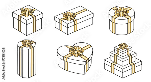 icon set of eight luxury gift boxes in a gold outline style, featuring shapes like heart, tall rectangle, and stacked presents.