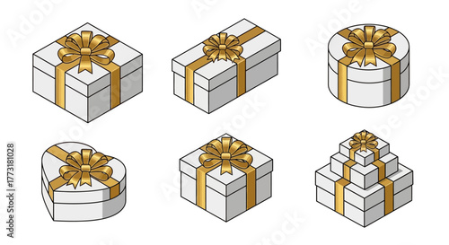icon set of six luxury gift boxes and presents, displayed from an angled view with gold ribbon details for anniversary design.