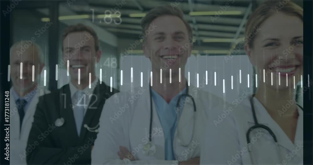 Arms crossed senior doctor starting waveform shifting health chart with ...