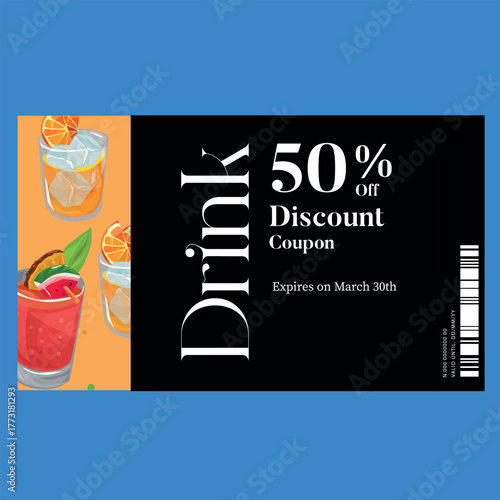 Drink 50% Off Discount Gift Voucher Card Vector Design