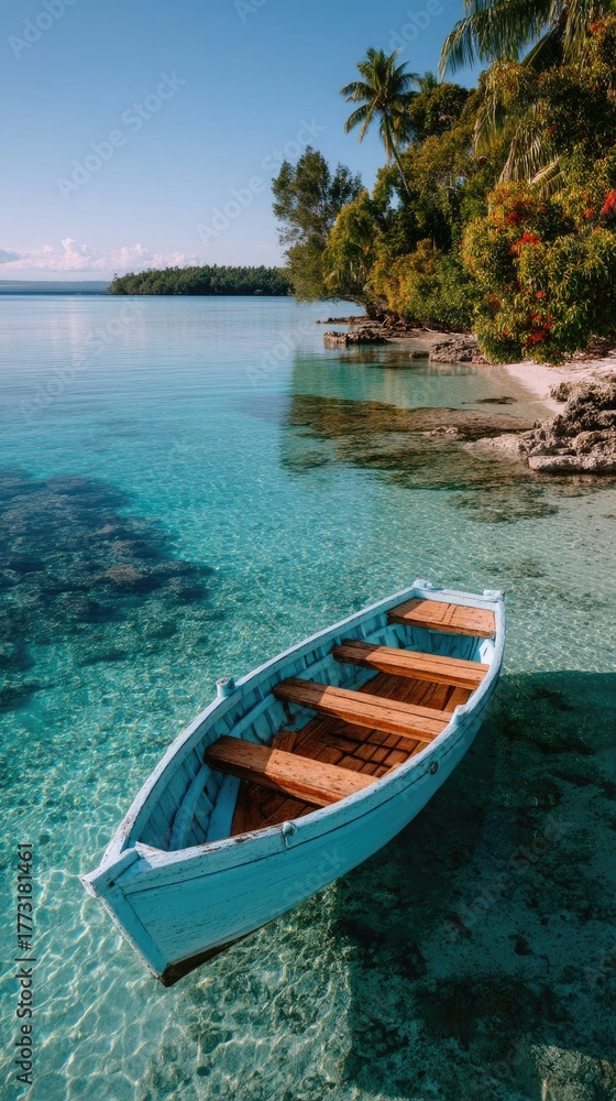 Obraz premium Small Traditional Light Blue Rowboat Anchored in Crystal Clear Turquoise Tropical Ocean Water on a Sunny Day With Lush Green Trees on the Shoreline