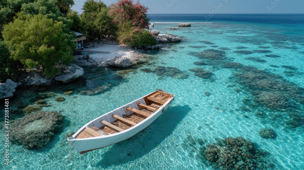 Obraz premium Single White Rowboat Anchored in Crystal Clear Turquoise Tropical Ocean Water Near Lush Green Island Shoreline and Coral Reefs on a Sunny Day