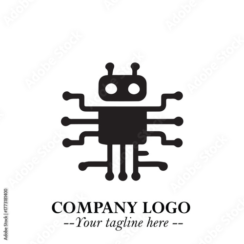 Circuit Robot Logo Symbol in Black on the White Background with Futuristic Tech Design
