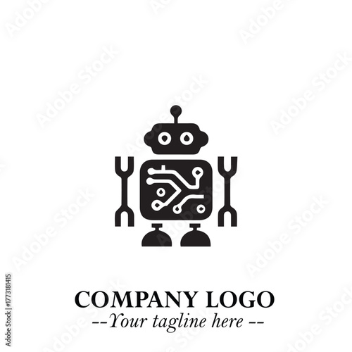 Circuit Robot Logo Symbol in Black on the White Background with Futuristic Tech Design
