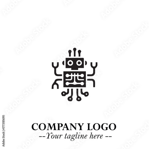 Circuit Robot Logo Symbol in Black on the White Background with Futuristic Tech Design
