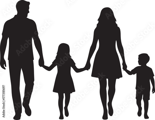 Family silhouette walking hand in hand, depicting parents and children together. A loving father, mother, daughter, and son stroll united, symbolizing togetherness and bond.