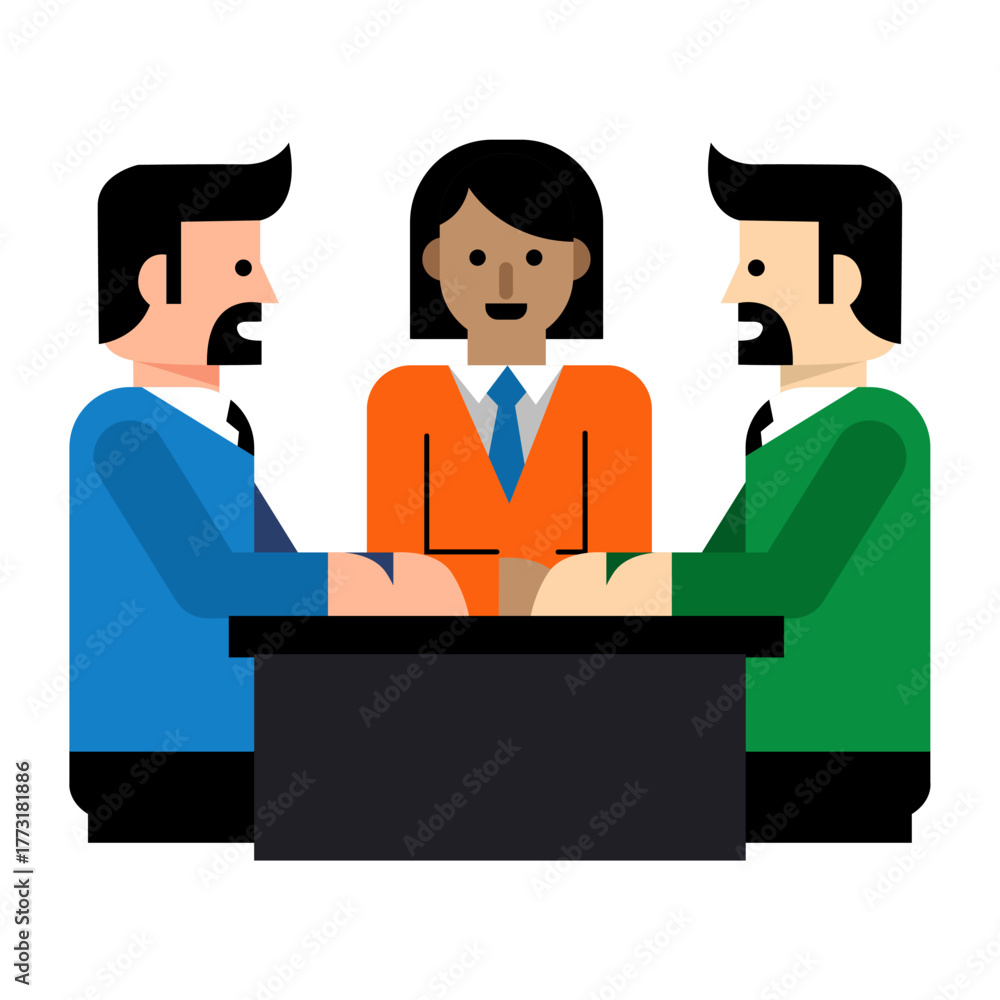 Obraz premium Simple illustration of three business people sitting behind a dark desk, smiling and dressed in colorful office outfits on a plain background.