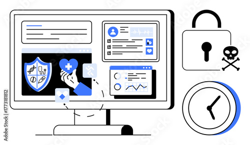 Computer screen displaying healthcare apps, stats, and security features. Includes lock icon, clock, and skull visual. Ideal for cybersecurity, healthcare, data analysis time management risk