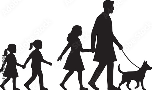 Silhouette of a Family with Father, Daughters, and Pet Dog Walking Together, Representing Family Unity and Leisure.