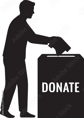 Silhouette of a man donating or contributing to a charity box, symbolizing giving, philanthropy, and community support for a good cause..