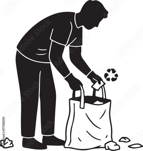 Silhouette of a person picking up litter and recycling waste into a bag, representing environmental conservation and responsible waste management