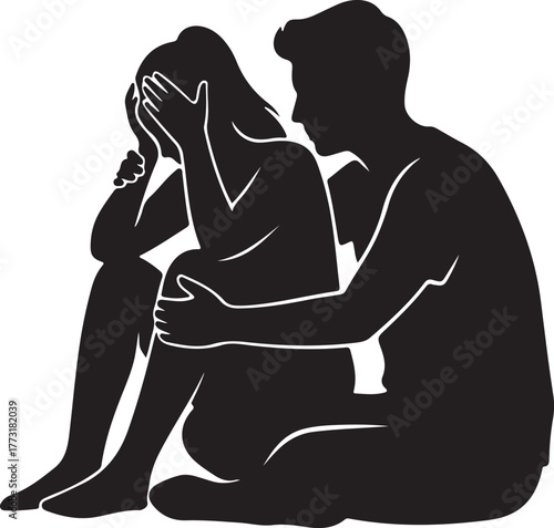 Supportive Partner Silhouette of a Man Comforting a Distressed Woman, Depicting Empathy, Sadness, Grief, and Emotional Support
