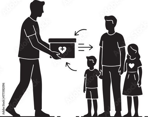 Volunteer Giving Donation Box to Family, Illustrating Humanitarian Aid and Social Support, Charity and Helping Hand Concept with Recipients.