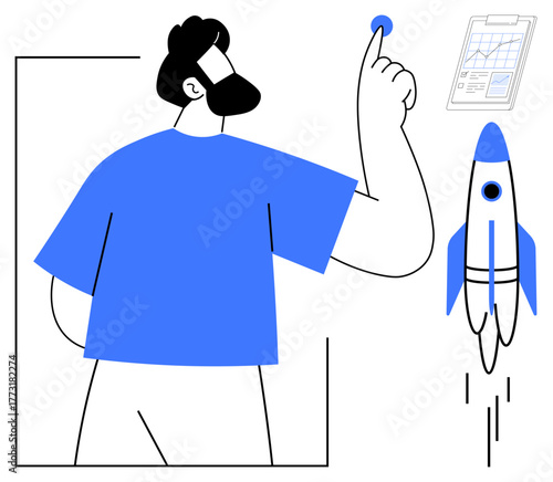 Man activating rocket launch beside a growth chart symbolizing entrepreneurship, innovation, and success. Ideal for startup concepts, business strategy, creativity, leadership, planning, technology