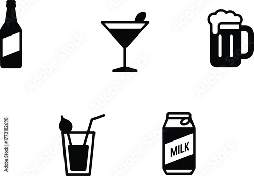 Black silhouette beverage icons, beer bottle, cocktail martini glass, foamy beer mug, juice with straw, canned milk drink vector illustration