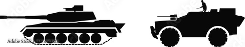 Black silhouette military vehicles illustration, tank with cannon, armored personnel carrier with mounted gun, combat transport, defense equipment vector design