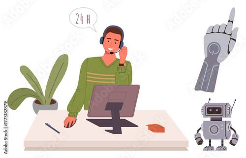 Customer service representative using a headset at a desk, accompanied by a robot and robotic hand. Ideal for customer support, AI innovation, teamwork, remote assistance, 247 service, technology