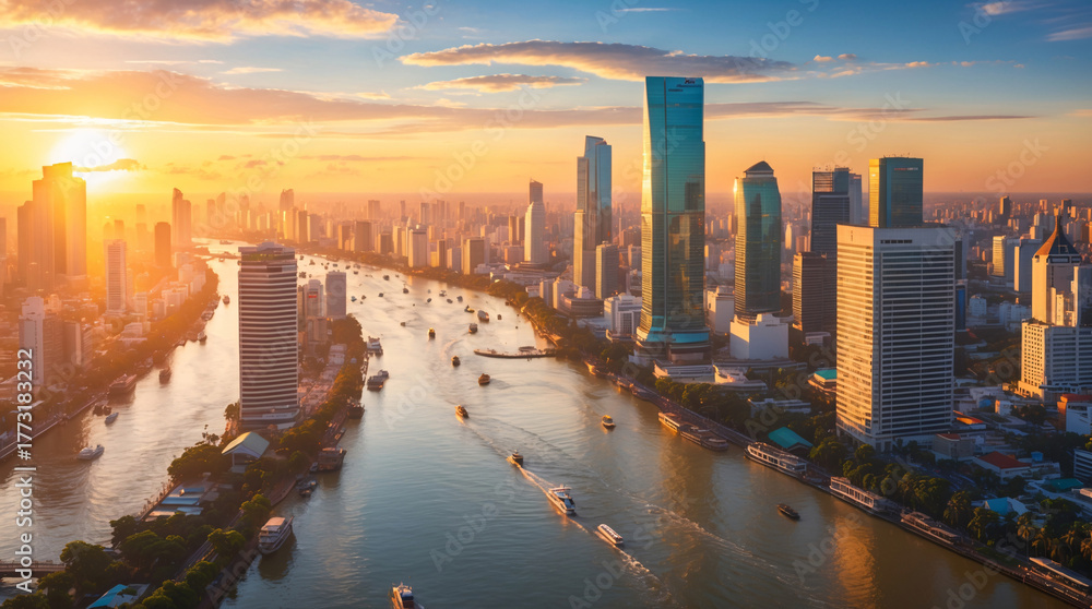 Fototapeta premium The evening cityscape glows warmly as tall buildings and a shimmering river rest beneath a beautiful blueish orange sky and calm atmosphere birdview landscape aesthetic photo