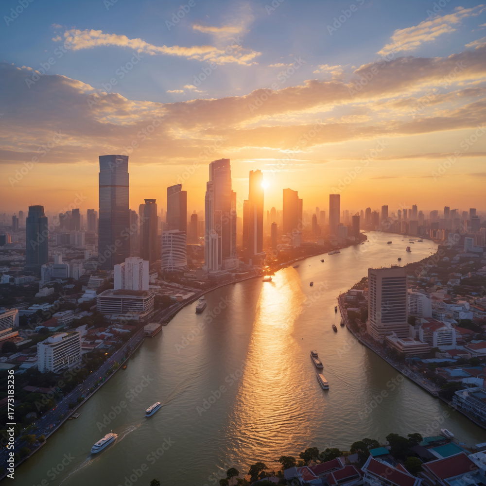 Obraz premium The evening city glimmers beneath a blueish orange sky where tall buildings rise beside a flowing river wrapped in serene atmosphere birdview landscape aesthetic photo