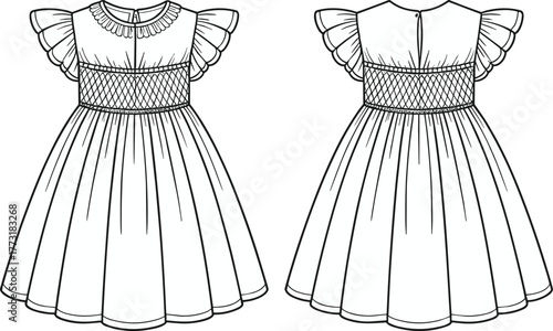 Elegant girls dress fashion flat sketch, smocked bodice, puff sleeves, ruffle collar, technical garment drawing, sewing pattern, children clothing design