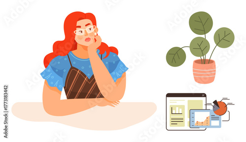 Woman resting chin on hand in thoughtful expression, next to digital and physical documents, graphs, and potted plant. Ideal for strategy, analysis, creativity, planning, development