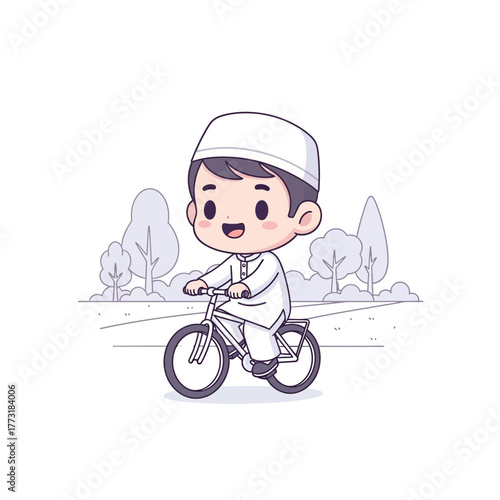 Happy cartoon Muslim boy in traditional attire riding bicycle outdoors. Cute smiling child cycling in a park setting, vector illustration.