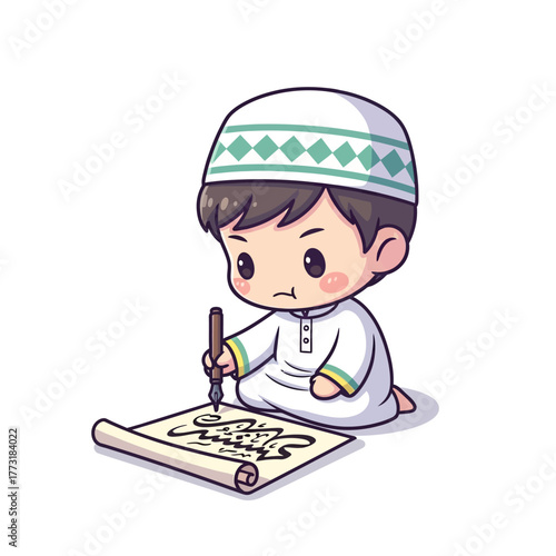 Cute Muslim Boy Writing Arabic Calligraphy with Quill Pen on Scroll